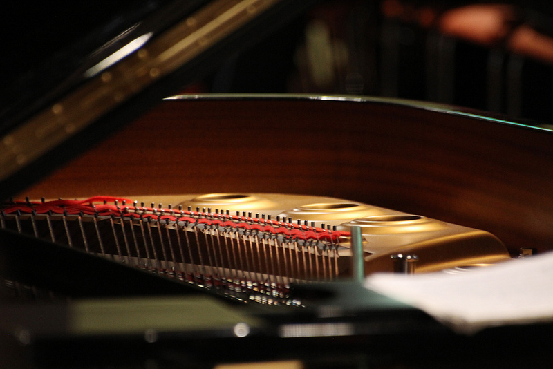The strings and soundboard of a grand piano